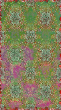 Yeşil ve nötr renklerde parlak çiçekli halı ile kusursuz desen.