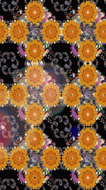 Kumaş desenli papatya çiçeği detayı. Siyah renkte çiçekler.