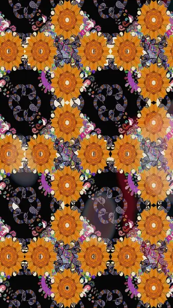 El yapımı çiçek ve bitki koleksiyonu. Raster illüstrasyonu. Eskiz tarzı turuncu renkler. Şirin karalamalı çiçek desenli çizim. Raster illüstrasyonu.