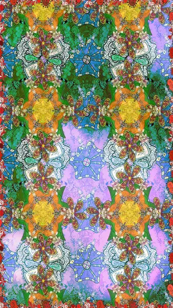 Düz Çiçek Elementleri Tasarımı. Renkli Bahar Temalı Kusursuz Arkaplan. Çiçeksel fantezi tasarımı. Parlak bir arka planda..