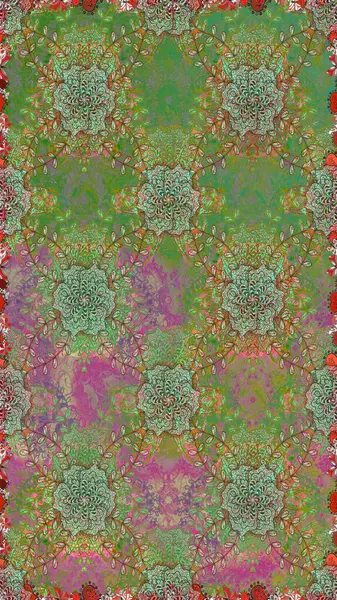 Yeşil ve nötr renklerde parlak çiçekli halı ile kusursuz desen.