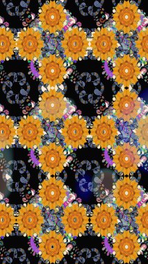 Parlak renkli çiçekli ve siyah yapraklı harika bir çiçek deseni. Moda baskıları için zarif bir şablon. Modern çiçek arkaplanı. Halk stili.