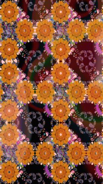 Yapraklı çiçekler ve turuncu renkli papatya çiçekleri. Eskiz arkaplan modeli. Raster - stok.