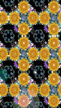 Çiçekli karalama şeklinde Raster çiçek deseni. Nazik, sevimli çiçek arkaplanı. Sarı renkte çiçekler.