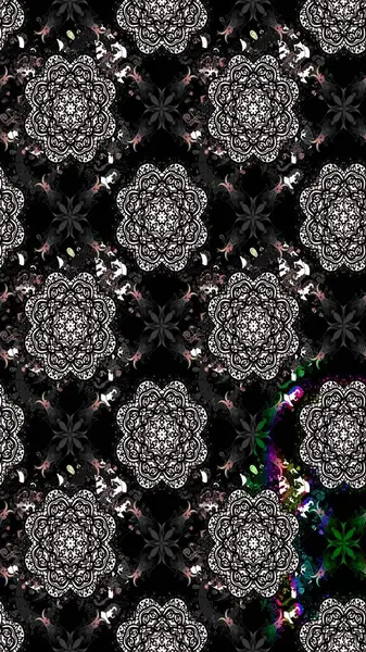 Parlak renkli çiçekli ve siyah yapraklı harika bir çiçek deseni. Moda baskıları için zarif bir şablon. Modern çiçek arkaplanı. Halk stili.