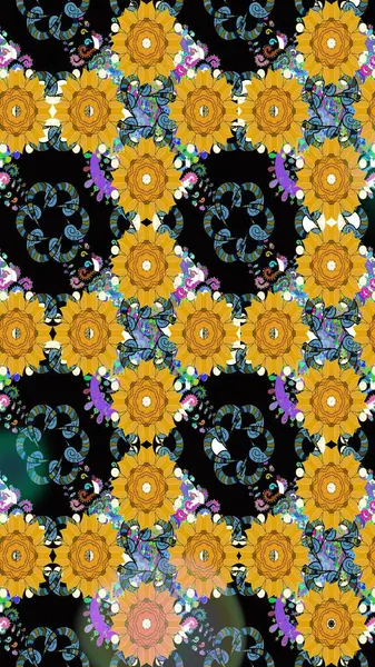 Çiçekli karalama şeklinde Raster çiçek deseni. Nazik, sevimli çiçek arkaplanı. Sarı renkte çiçekler.