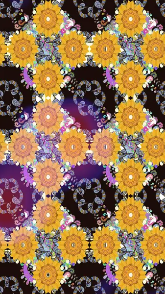 Raster düz çiçek çizim deseni. Hediye ambalaj kağıdı, tebrik kartları, posterler ve pankart tasarımı. Sarı renkte çiçekler.