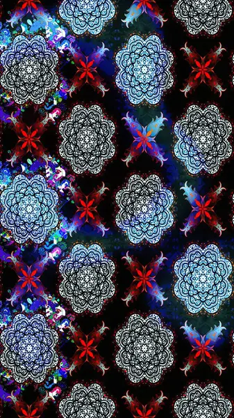 Çok renkli, zarif küçük çiçekler ve siyah renkli komik böcekler, raster desen, illüstrasyon..