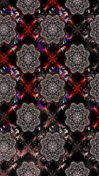 Soyut etnik raster çizim kalıbı. Kabile sanatı boho baskısı, klasik çiçek arkaplanı. Arkaplan dokusu, duvar kağıdı, siyah renkli çiçek teması.