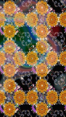 Suluboya çiçekli çiçek deseni. Raster illüstrasyonu. Turuncu renkli Asya tekstili.