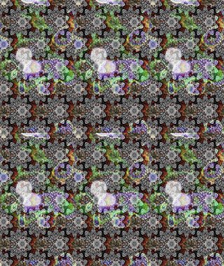 Çok renkli, zarif küçük çiçekler ve gri renkli komik böcekler, raster desen, illüstrasyon.