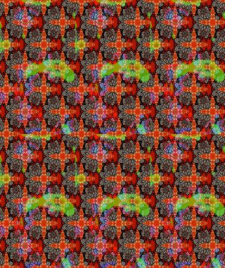 Şirin çiçekli eskiz deseni ve kırmızı renklerde yapraklar, suluboya çiçek deseni, duvar kağıdı, kart veya kumaş için fayanslı. Raster illüstrasyonu.