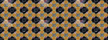 Eski usul. Kumaş, tekstil, duvar kağıdı baskısı için. Eskiz geçmişi. Renkli desenli eskiz deseni, siyah çiçekler ve dekoratif elementlerle. Raster illüstrasyonu.