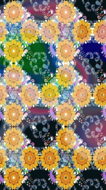 Çiçek desenli çizim. Raster illüstrasyonu. Asya tekstil tarzında. Sarı renkli çiçekler. Renkli Bahar Teması eskiz kalıbı. Düz Çiçek Elementleri Tasarımı.