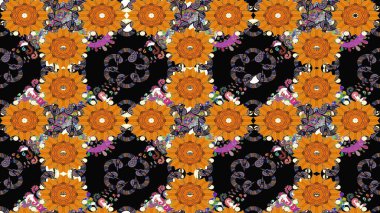 El çizimi. Raster illüstrasyonu. Çiçekler, dallar, bitkiler ve çiçekler. Güzel kumaş deseni.