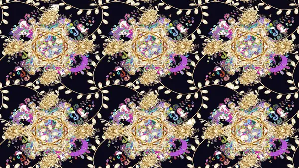 Renkli süs kenarı. Çizim kalıbı. Siyah renklerde. Raster illüstrasyonu. Hint süsü. Çiçek duvar kağıdı.