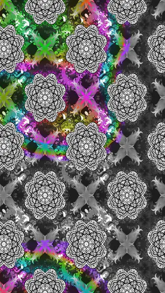 Çiçekli ipek eşarp. El çizimi çiçek unsurları olan soyut çizim raster deseni. 1950-1960 motifleri. Retro tekstil tasarım koleksiyonu. Gri üzerine gri.