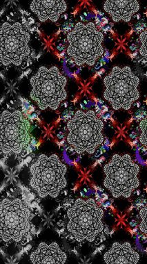 Suluboya elle çizilmiş çiçek desenli eskiz deseni. Parlak renkli fantezi çiçekleri, yapraklar, siyah renkli tomurcuklar.