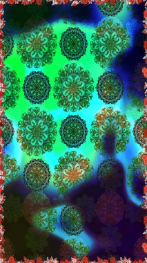 Çiçekli karalama şeklinde Raster çiçek deseni. Raster illüstrasyonu. Yumuşak, yeşil renkte bahar çiçekleri.