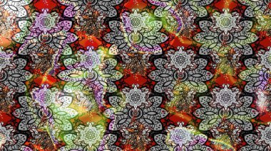 Suluboya elle çizilmiş çiçek desenli eskiz deseni. Parlak renkli fantezi çiçekleri, yapraklar, gri renkli tomurcuklar.