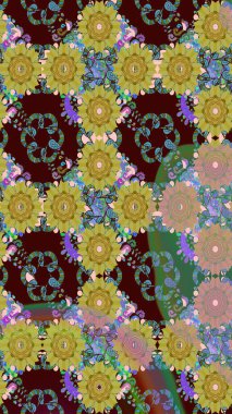 Kahverengi renkler ve parlak çiçekler üzerine soyut çizim deseni. Çiçeksel elementlerle süslenmiş zarif raster dokusu. Küçük çiçekte şirin bir çiçek deseni var..