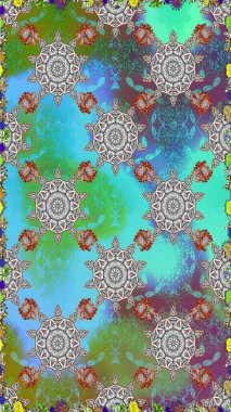 Mavi ve gri renkte çiçekler. Düz Çiçek Elementleri Tasarım Raster illüstrasyonu. Renkli Bahar Temalı Kusursuz Arkaplan. Çiçeksiz desenli arka plan.