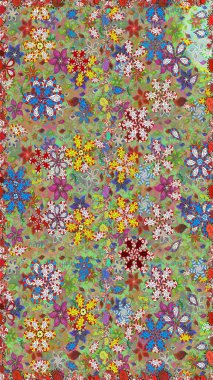 El çizimi çiçekli, pürüzsüz bir desen. Tekstil, kumaş, ambalaj, hatıra defteri için hoş bir çiçek arkaplanı. Çocuksu tasarım. Tarafsız ve yeşil arkaplanda.