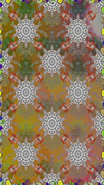In asian textile style. Raster illustration. Raster illustration. Seamless flowers pattern. Flowers on brown and gray colors.