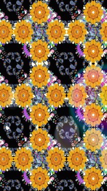 Raster illüstrasyonundaki çiçek desenli çizim. Sarı renkli çiçekler. Renkli Bahar Teması eskiz kalıbı. Düz Çiçek Elementleri Tasarımı.