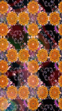 Raster düz çiçek çizim deseni. Hediye ambalaj kağıdı, tebrik kartları, posterler ve pankart tasarımı. Turuncu renkte çiçekler.