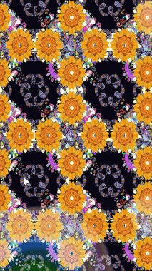 Çiçekler. Soyut etnik raster çizim kalıbı. Vadinin çiçekleri siyah renklerde.