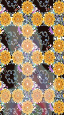 Çok renkli, zarif küçük çiçekler ve gri renkli komik böcekler, raster desen, illüstrasyon.