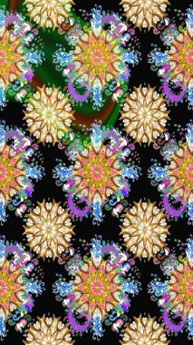 Elle çizilmiş çiçek desenli Raster çizimi. Tekstil, kumaş, ambalaj, hatıra defteri için hoş bir çiçek arkaplanı. Çocuksu tasarım. Siyah arkaplanda.