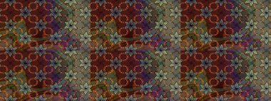 Eski usul. Eskiz geçmişi. Renkli desenli eskiz deseni, kahverengi çiçekler ve dekoratif elementlerle. Raster illüstrasyonu. Kumaş, tekstil ve duvar kağıdı baskısı için..