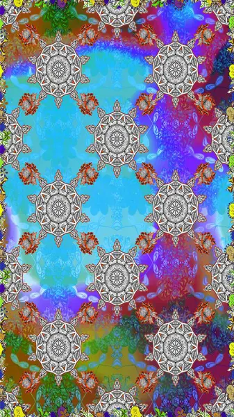 Kusursuz Renksiz Bahar Temalı Kusursuz Arkaplan. Sevimli çiçek raster deseni. Mavi ve gri renkte çiçekler. Düz Çiçek Elementleri Tasarımı.