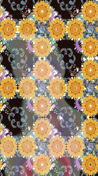 Çok renkli, zarif küçük çiçekler ve gri renkli komik böcekler, raster desen, illüstrasyon.