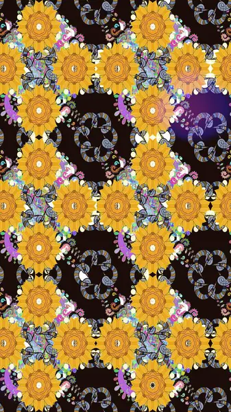 Raster Illustrasyon 'daki Çiçek Deseni' nin son moda çizimi. Sarı renkli çiçekler. Renkli Yaz Temalı eskiz kalıbı. Düz Çiçek Elementleri Tasarımı.