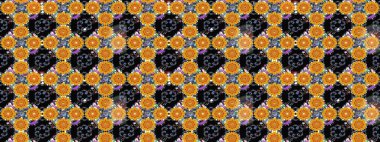 Raster Floral Illustration, Asyalı tekstil. Siyah ve sarı renklerde etnik çiçeklerle kusursuz bir desen..