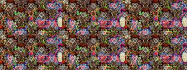 Raster illüstrasyonu. Şirin çiçekli eskiz deseni ve kahverengi renkli yapraklar, suluboya çiçek deseni, duvar kağıdı, kart veya kumaş için fayanslı.