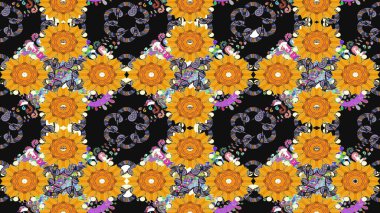 Parlak renkli çiçekleri ve gri ve sarı renklerde yaprakları olan kusursuz çiçek desenleri. Moda baskıları için zarif bir şablon. Halk tarzı. Modern çiçek arkaplanı.