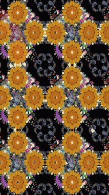 Çiçek desenli çizim. Raster illüstrasyonu. Asya tekstil tarzında. Siyah renkli çiçekler. Raster illüstrasyonu.