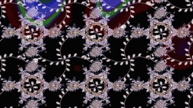 Raster illüstrasyonu. Siyah renkli çiçekler. Çiçek desenli çizim. Asya tekstil tarzında. Raster illüstrasyonu.