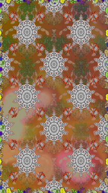 Raster illüstrasyonu. Çiçek buketleriyle klasik tarzda kusursuz desenler. Kahverengi ve gri renklerde.