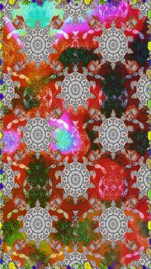 Gri ve kahverengi renkli Asya tekstili. Raster illüstrasyonu. Çiçeklerle suluboya desenleri.