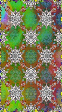 Çiçek ve yapraklı karalama şeklinde Raster çiçek deseni. Raster illüstrasyonu. Yeşil ve kahverengi renklerde bahar çiçekleri..