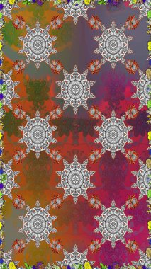 Raster illüstrasyonu. Kahverengi ve gri renkli çiçekler. Kusursuz çiçek deseni. Asya tekstil tarzında. Raster illüstrasyonu.