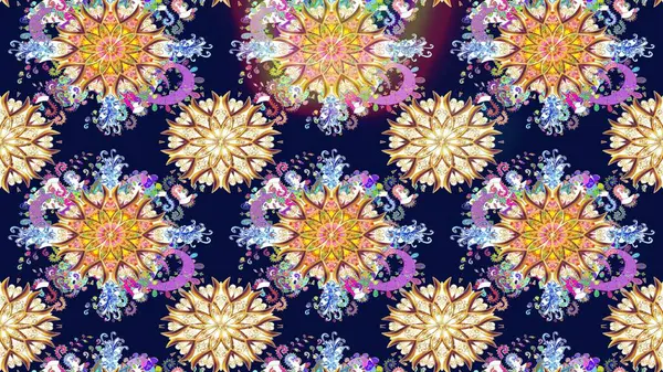 Kusursuz bir arka plan modeli. Yapraklı çiçekler ve mavi ve nötr renklerde papatya çiçekleri. Raster - stok.