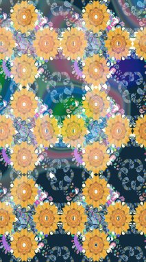 Çiçek desenli çizim. Raster illüstrasyonu. Asya tekstil tarzında. Güzel kumaş deseni. Renkli Bahar Teması eskiz kalıbı. Düz Çiçek Elementleri Tasarımı.