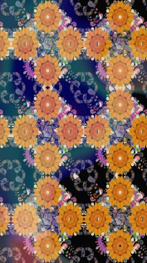 Çiçek süslemeli çizim deseni. Turuncu renkli çiçekler. Raster illüstrasyonu.