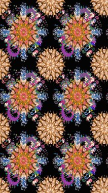 Siyah renkler ve parlak çiçekler üzerine soyut çizim deseni. Çiçeksel elementlerle süslenmiş zarif raster dokusu. Küçük çiçekte şirin bir çiçek deseni var..